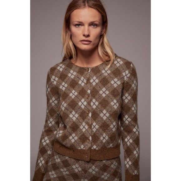 Zara Special Edition Argyle Wool Blend Jacket Sweater Cardigan Womens Size S Sma - Picture 1 of 11